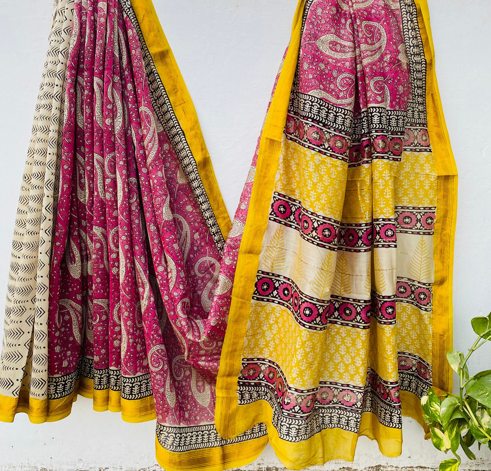 Maheshwari silk saree wholesale, hand block printed pink yellow paisley, pure silk saree by Fabtexs